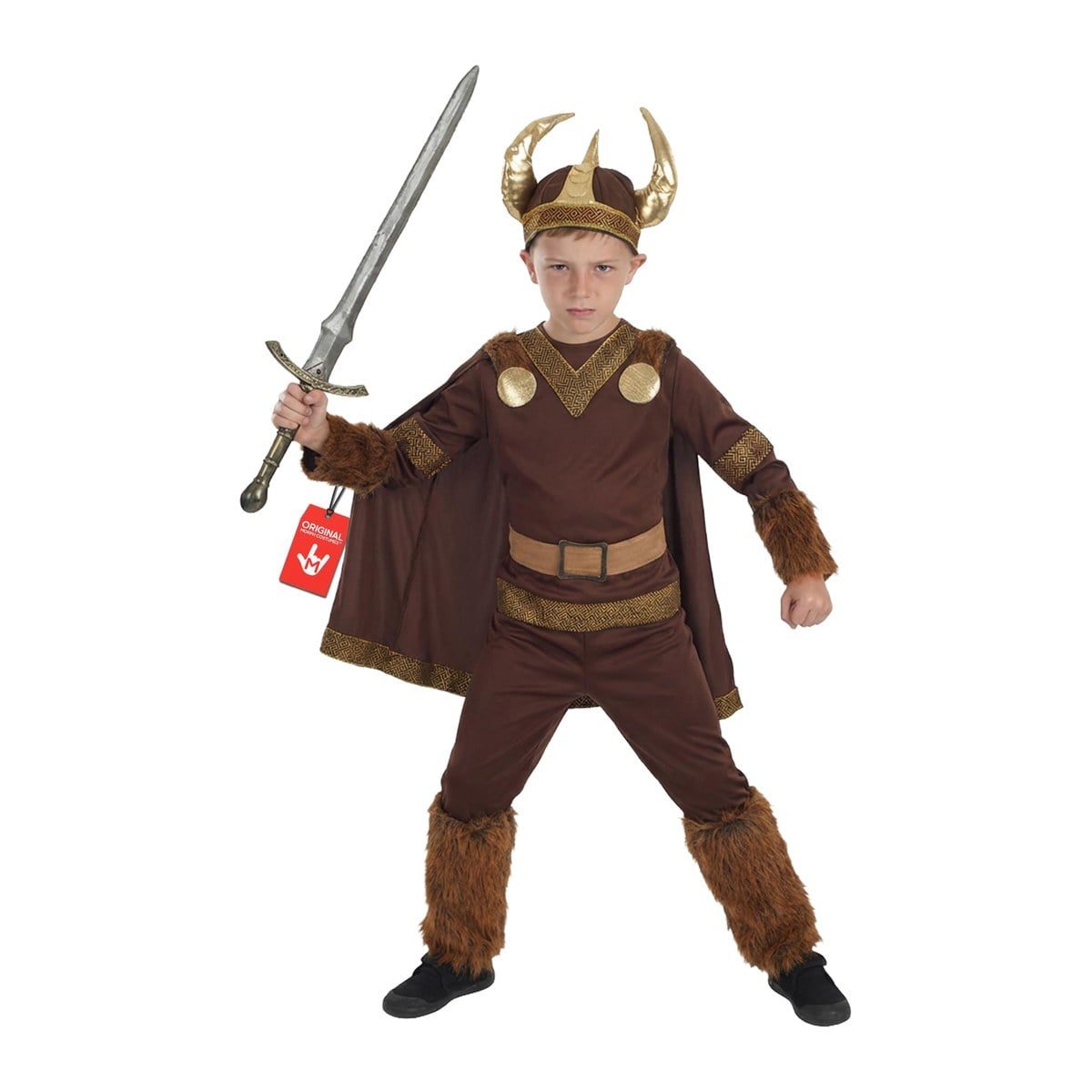 Boy in a brown fur-trimmed Viking tunic with gold disc details, brown pants, a belt, and a horned helmet with gold horns