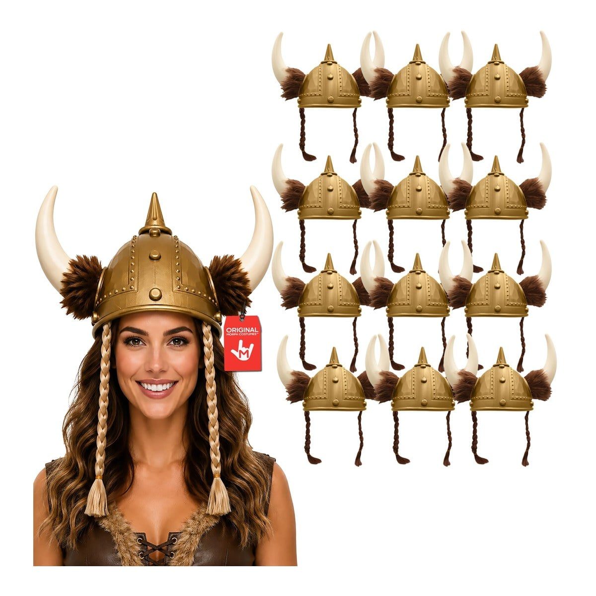 Woman wearing a gold Viking helmet with cream horns, brown fur tufts, and long attached braids, with a grid of the helmet in a multi-pack