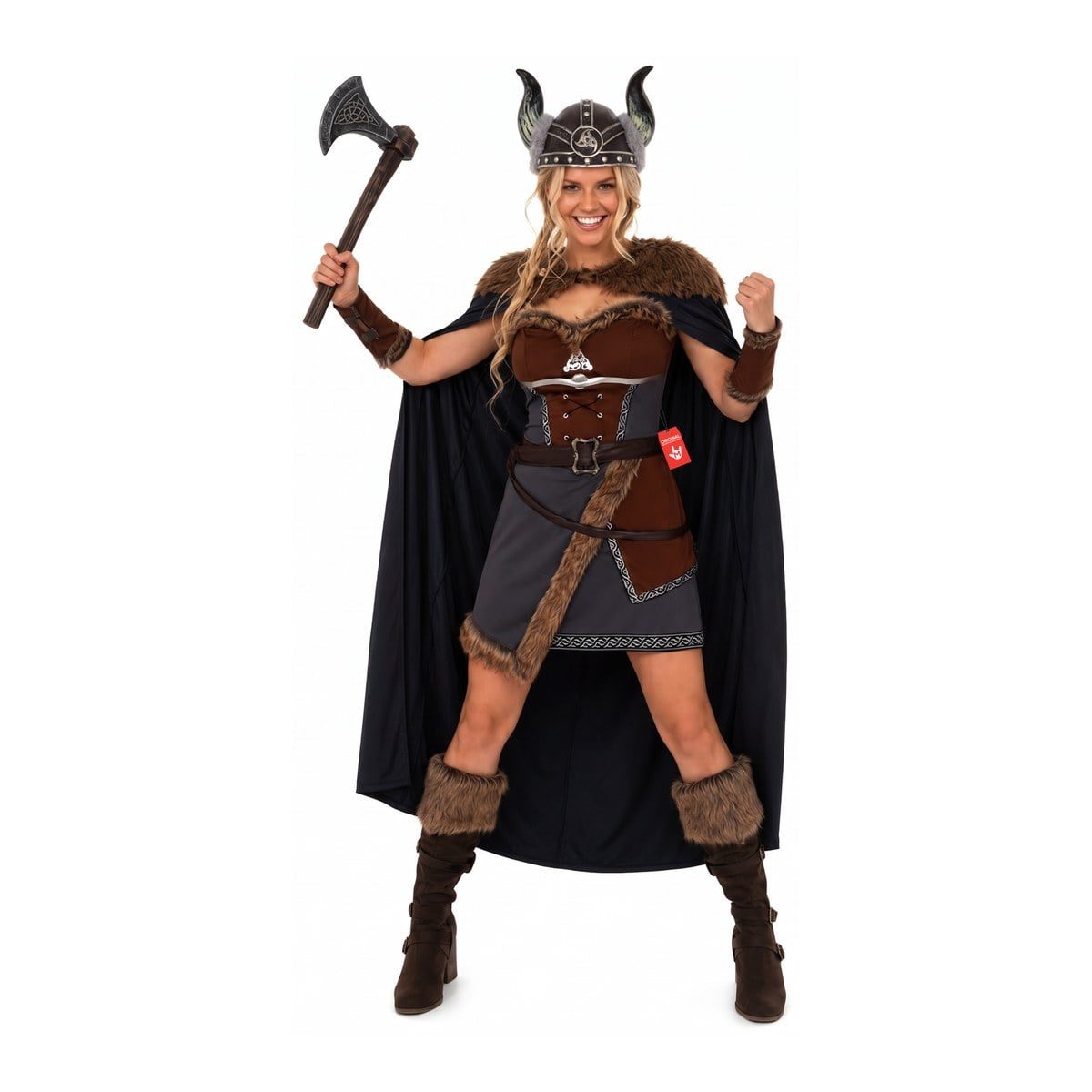 Woman in a fitted gray and brown Viking tunic dress with a fur-trimmed sash, fur shoulder cape, long black cape, wrist guards, and a horned half helmet