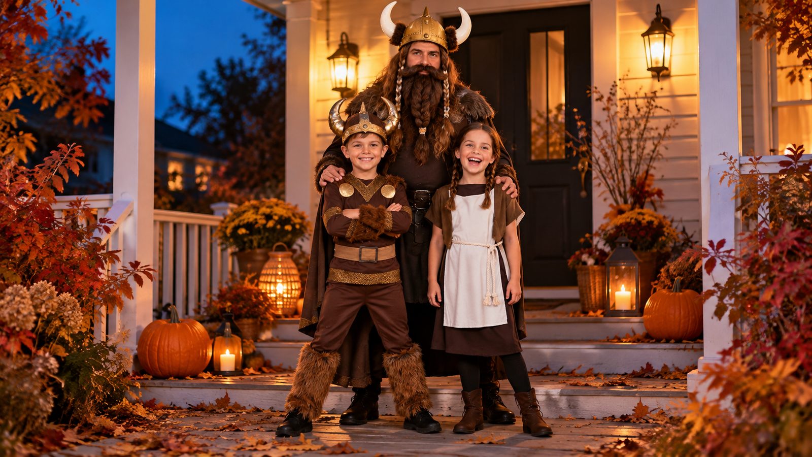 A man in a long brown wig, braided beard, and gold horned helmet with a boy in a brown fur-trimmed Viking costume with a horned helmet, and a girl in a white tunic over a brown layered dress, together on a front porch at dusk
