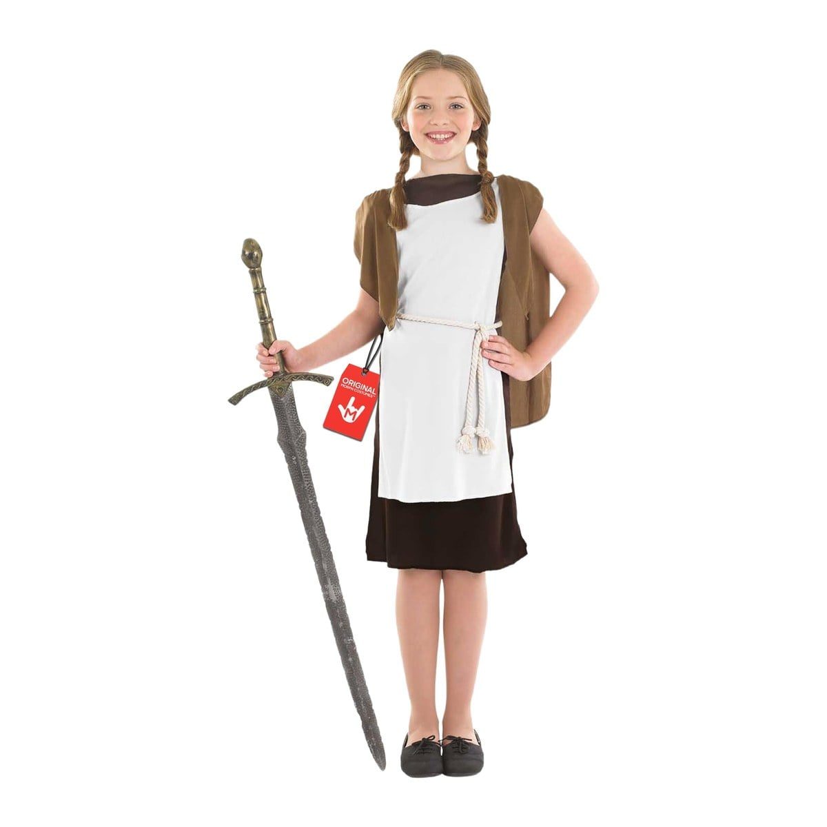 Girl with braids in a white tunic over a brown layered dress with a brown vest and a thick white rope belt
