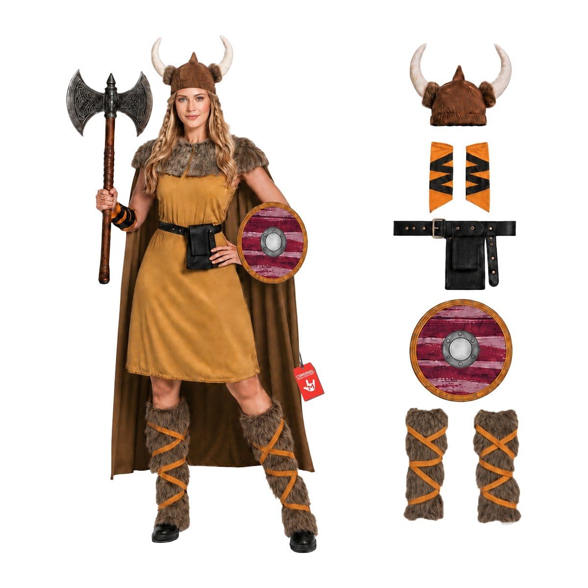 Woman in a tan belted Viking dress with an attached brown cape, fur collar, pouch belt, fur leg warmers, a horned cap, and a round shield, shown with the separate pieces