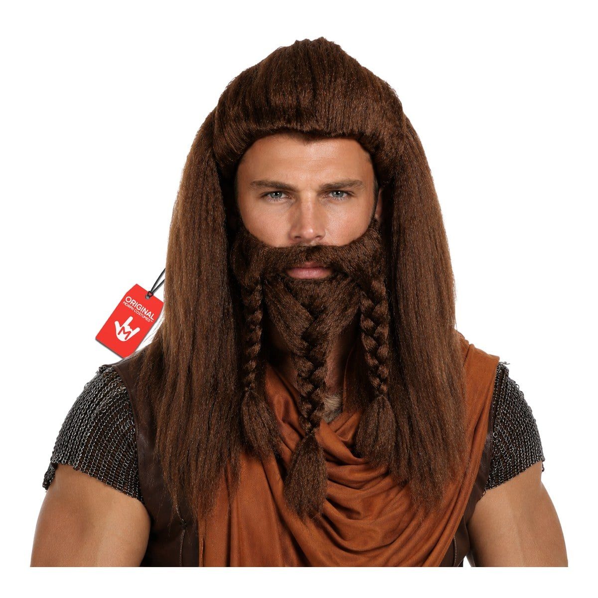 Man wearing a long straight brown wig with a braided beard in three braids