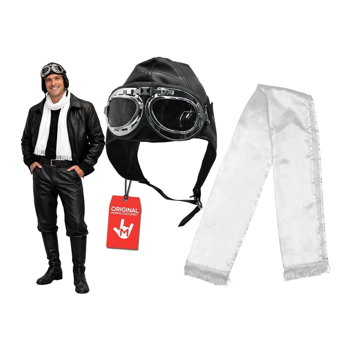 Black leather-look aviator helmet with chrome goggles and a white fringed scarf, shown on its own and worn by a model