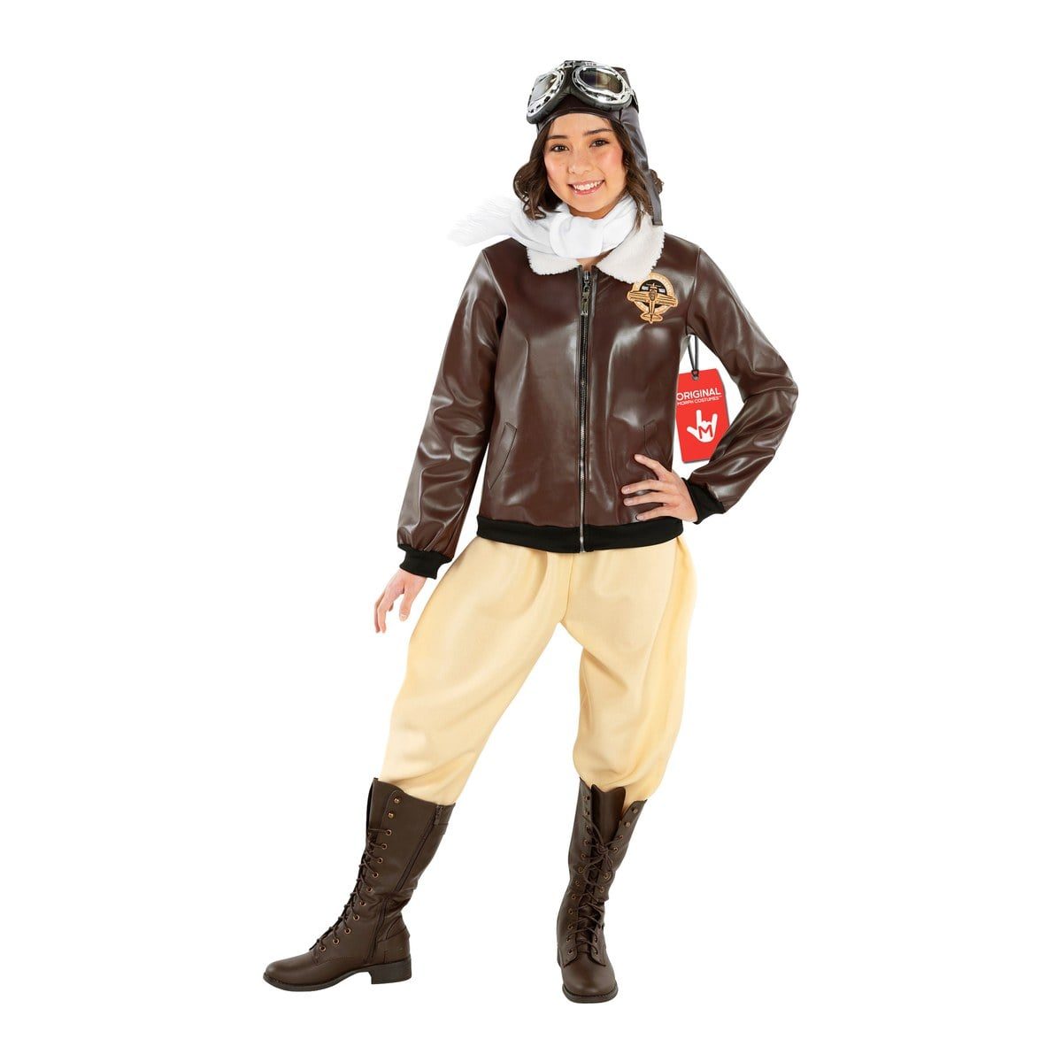 Girl in a brown faux leather bomber jacket with a sherpa collar and a badge, cream jodhpur-style pants, a brown flying cap with goggles, a white scarf, and tall brown lace-up boots
