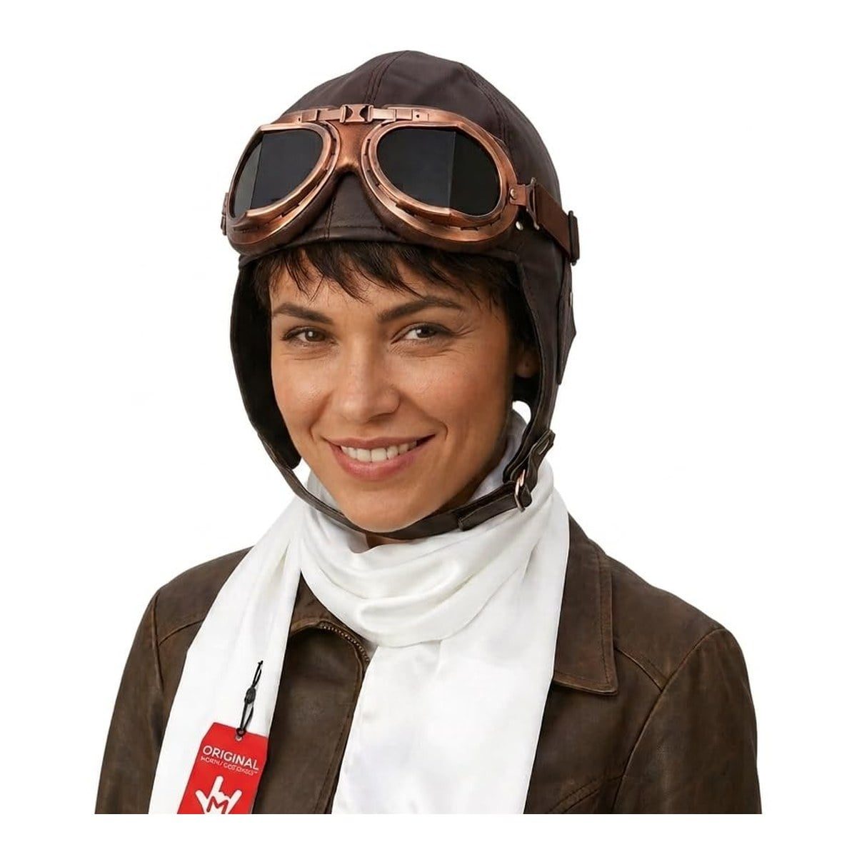 Woman with a short dark fringe wearing a brown flight cap with copper-framed goggles on the brim and a white scarf knotted at the neck