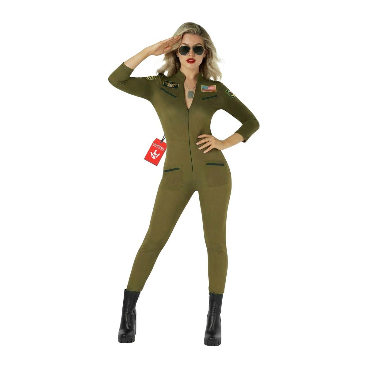 Woman saluting in a fitted olive green zip-front flight suit bodysuit with a wings patch and a flag patch, a dog tag necklace, aviator sunglasses, and black ankle boots