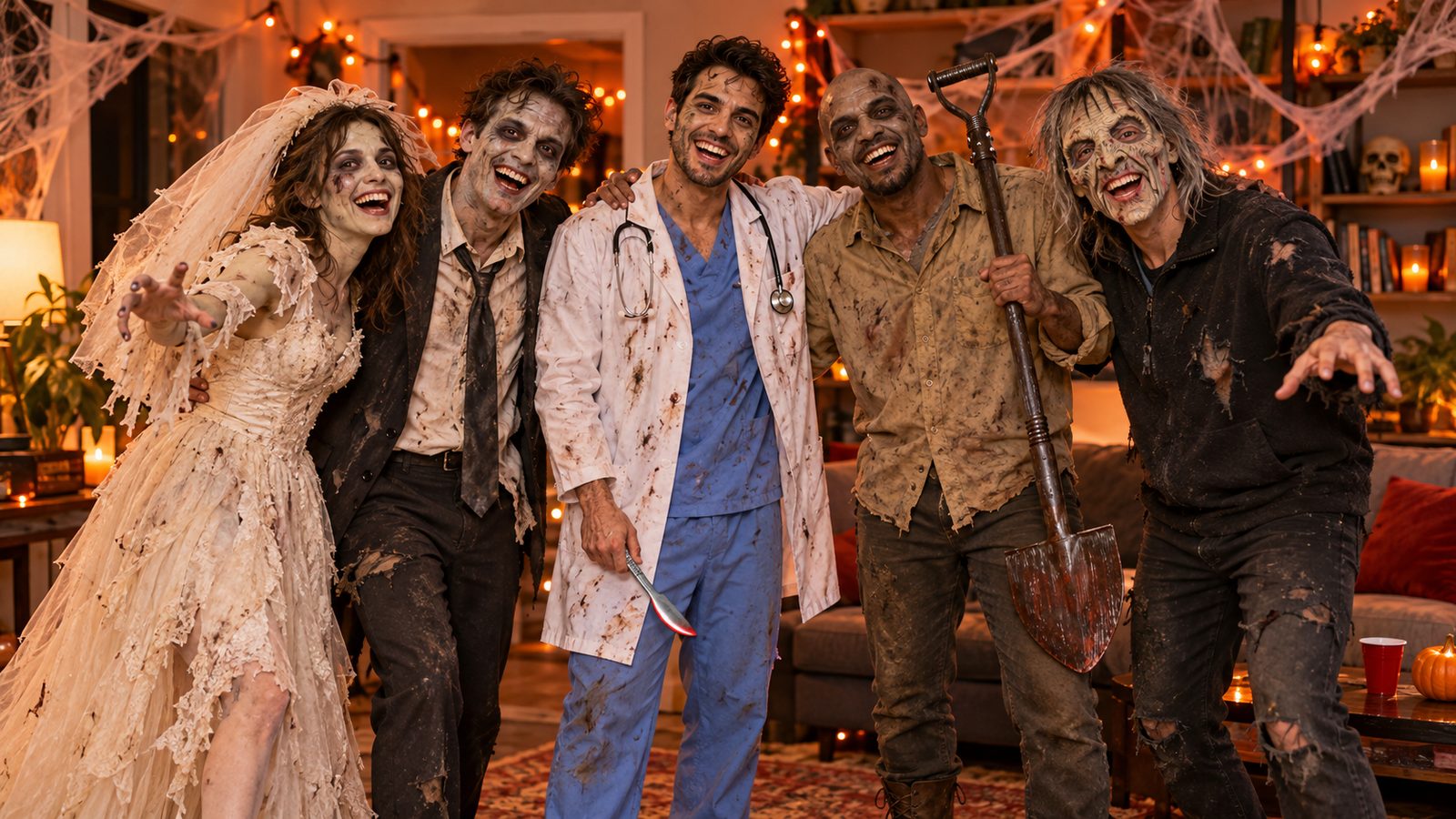 Five adults at a Halloween party dressed as a zombie bride, a zombie groom, a nurse with a prop scalpel, a survivor with a shovel, and a walking corpse in a mask