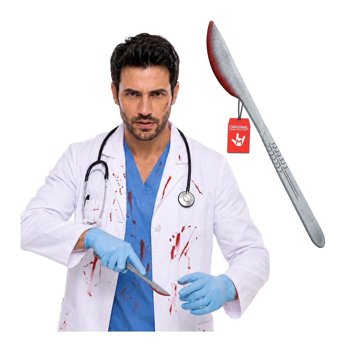 Silver-painted plastic scalpel prop with a bloody tip, beside a man in a bloodstained white lab coat, blue scrubs, and blue gloves