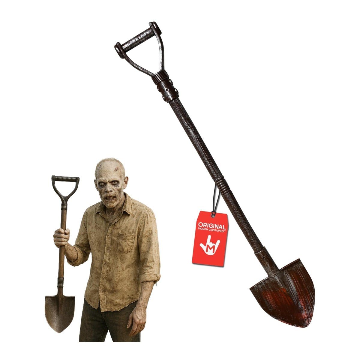 Long-handled bloody shovel prop with a weathered finish, beside a pale zombie in a stained khaki shirt holding a matching shovel