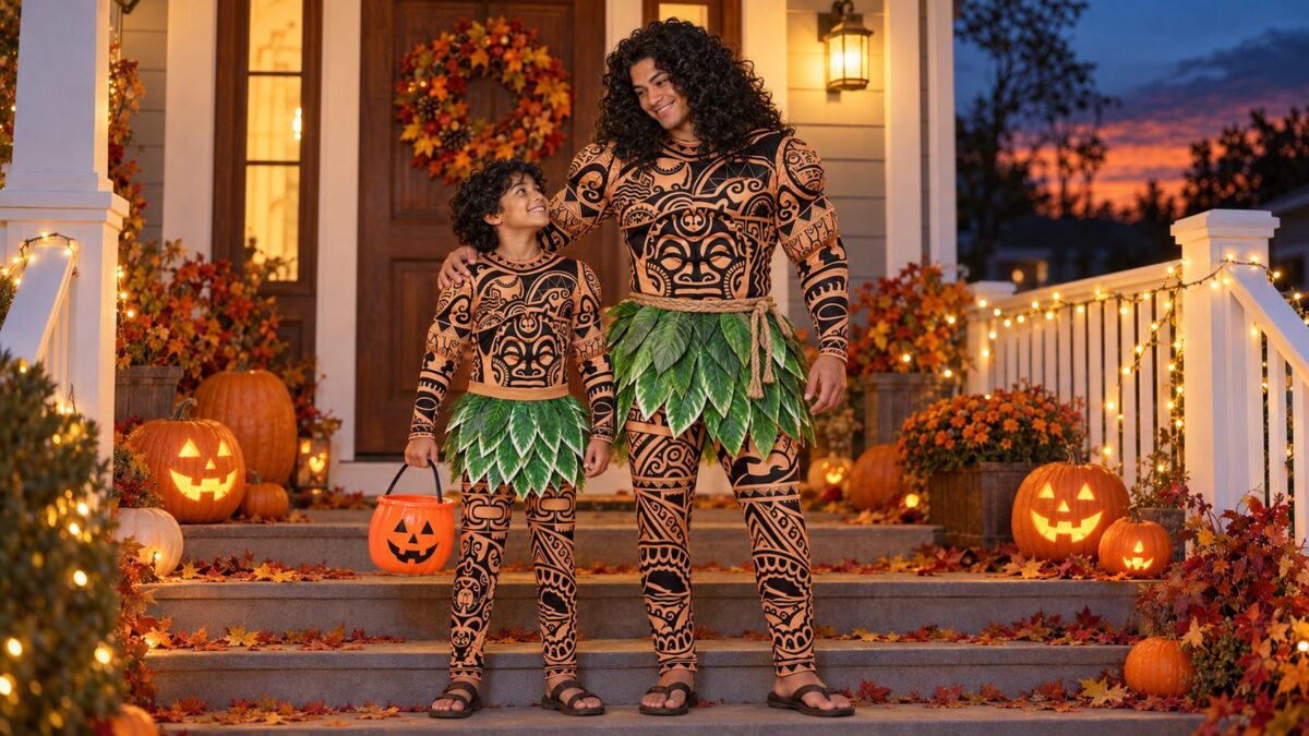 Polynesian Demigod Costumes for Adults and Kids: Padded Muscles, Tattoo Print, Leaf Skirt